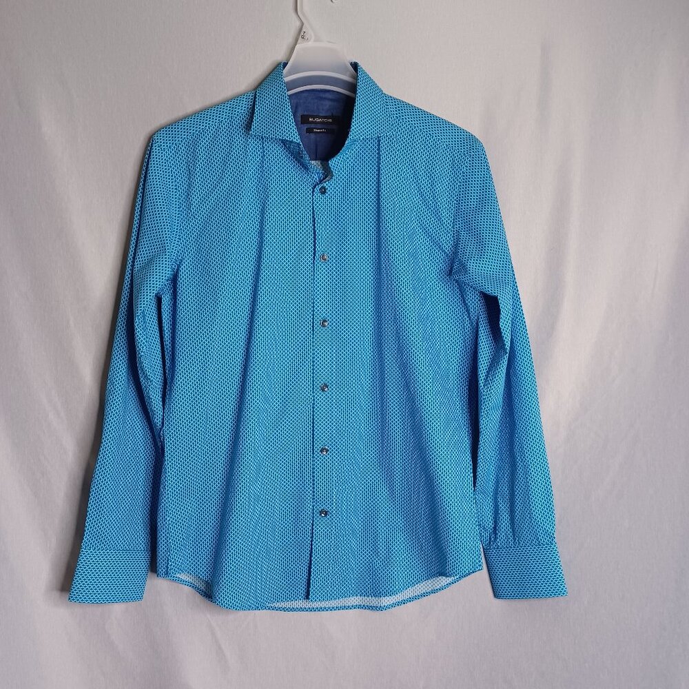 Bugatchi Shaped Fit Shirt Mens Medium Teal Blue Long Sleeve Button Down Luxury